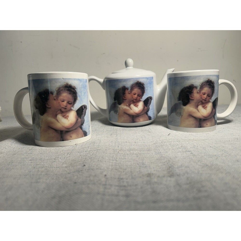 Cherub Angel Tea Set 3 piece Heaven Cloud Porcelain  1 Tea Pot and 2 Mugs